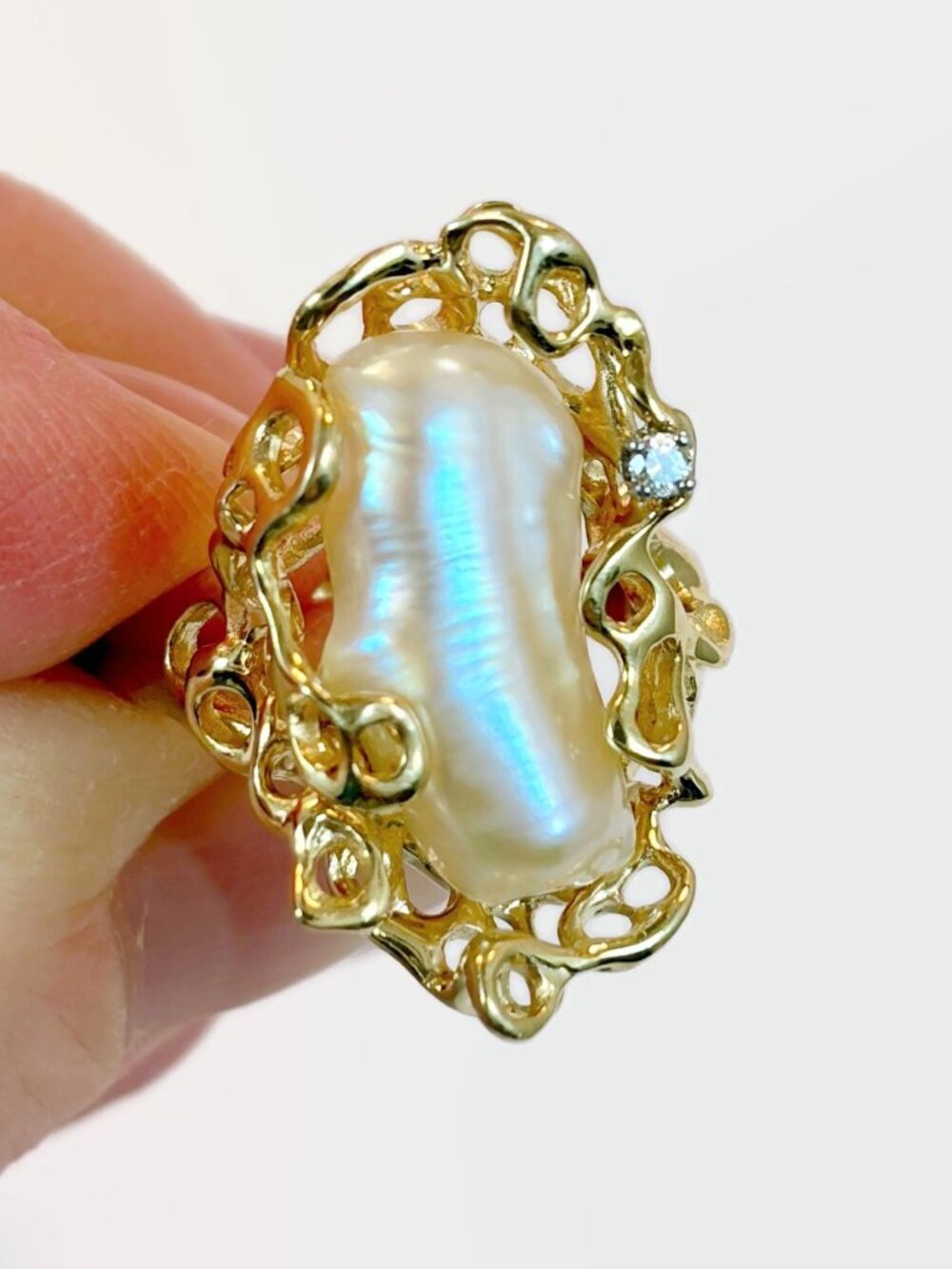 Biwa Pearl Ring, Diamond, 14K, Brutalist, Yellow Gold, Size 7 1/2, One of a Kind